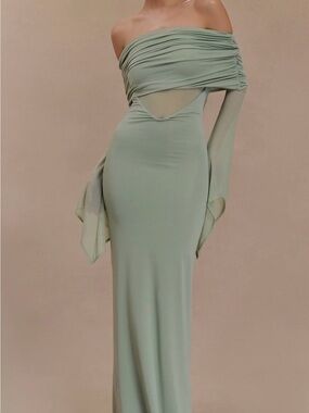 Meshki Sage Green One-Shoulder Evening Gown